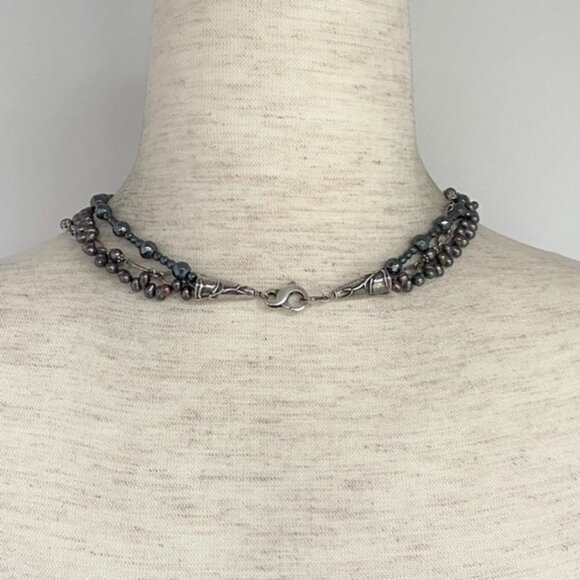 Sterling Silver 925 Triple Strand Peacock Pearl Hematite & Chain Necklace 17.5" - Picture 6 of 16